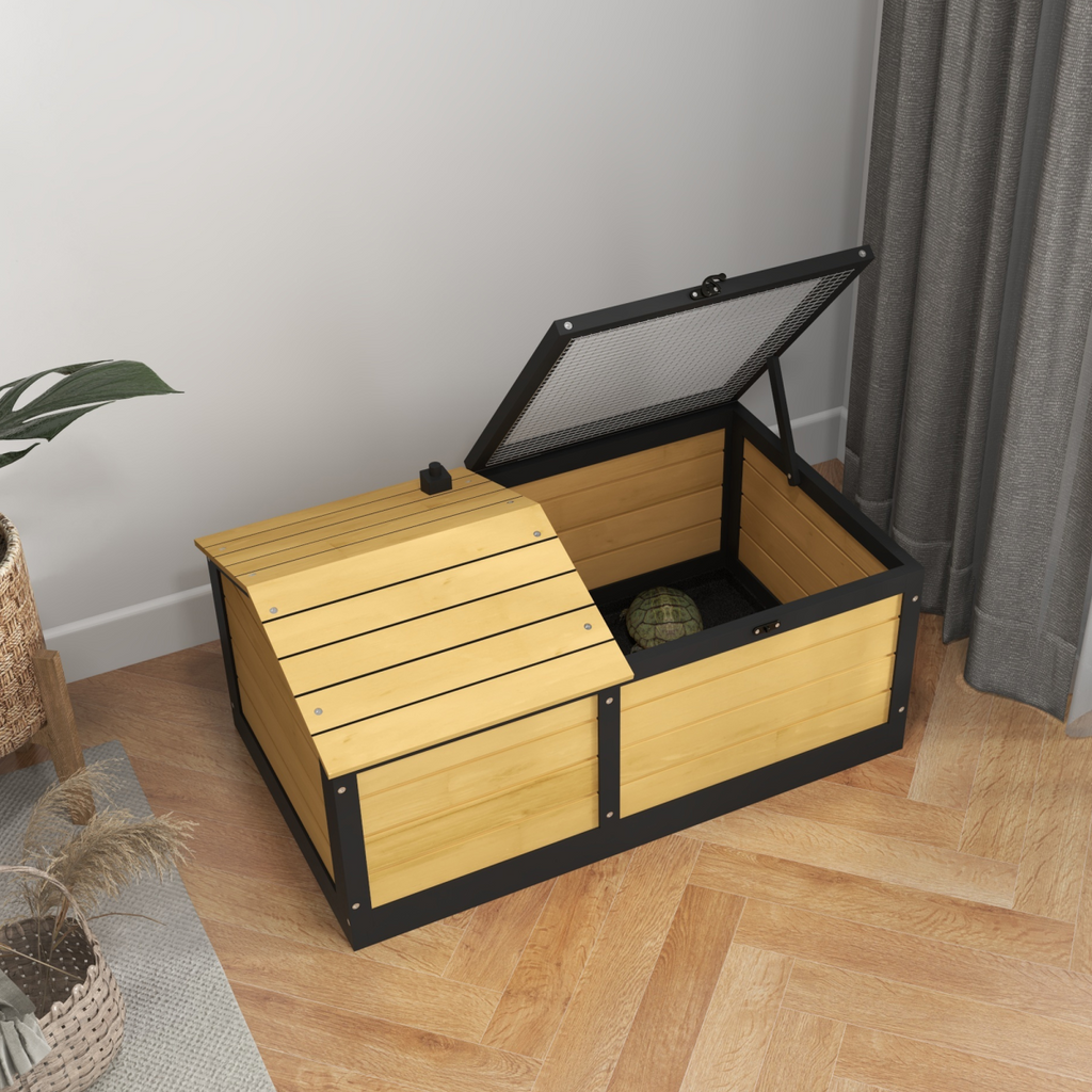 PawHut Wooden Tortoise House, Small Pet Reptile with Hide Shelter Den and Run