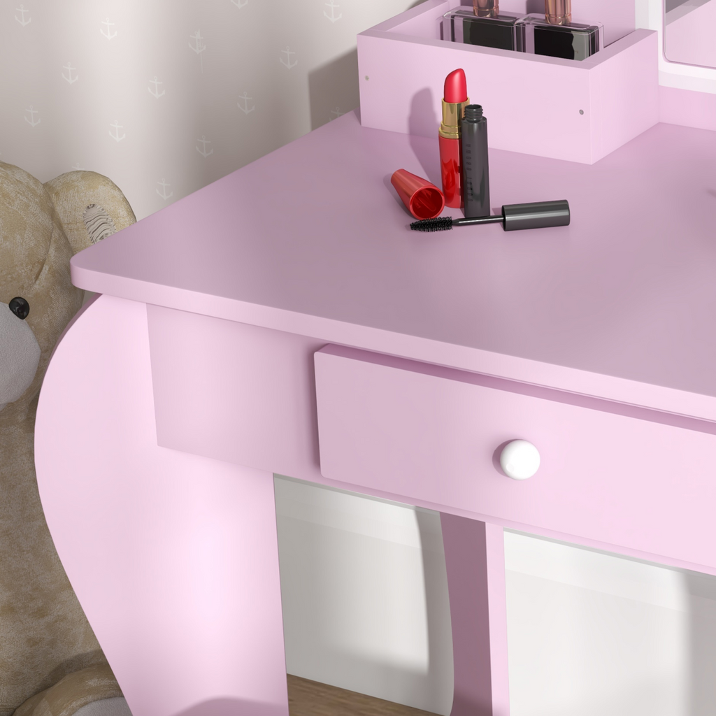 ZONEKIZ Kids Dressing Table Cloud Design with Mirror Stool Drawer Storage Boxes