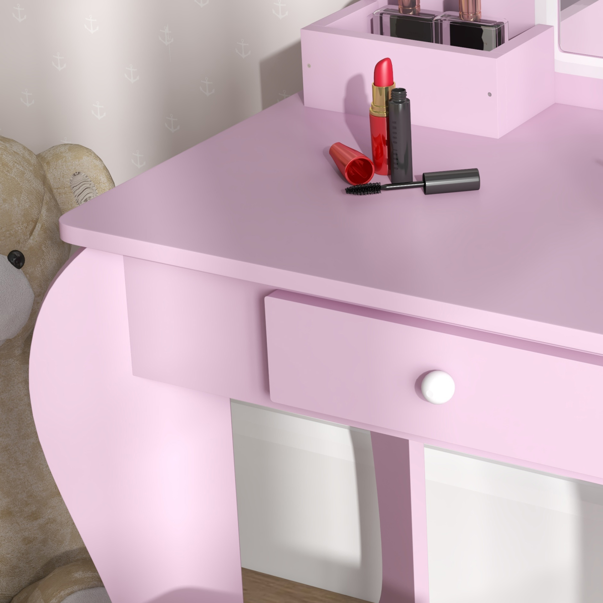 ZONEKIZ Kids Dressing Table Cloud Design with Mirror Stool Drawer Storage Boxes