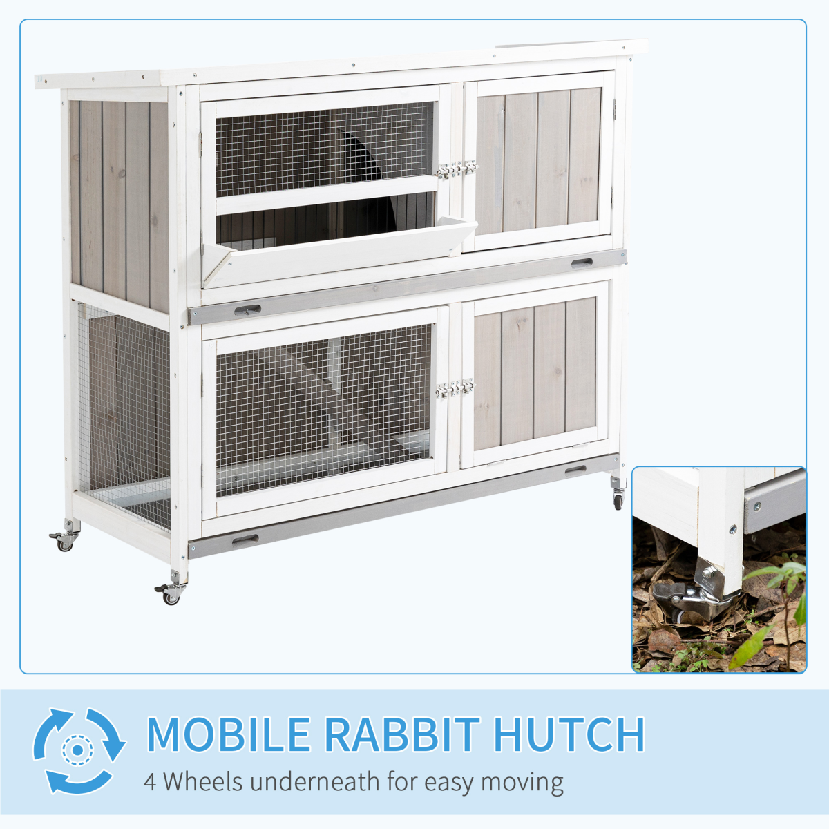 Two-Tier Wooden Rabbit Hutch w/ Wheels, Trough, Rain Cover, Tray - Grey Pawhut