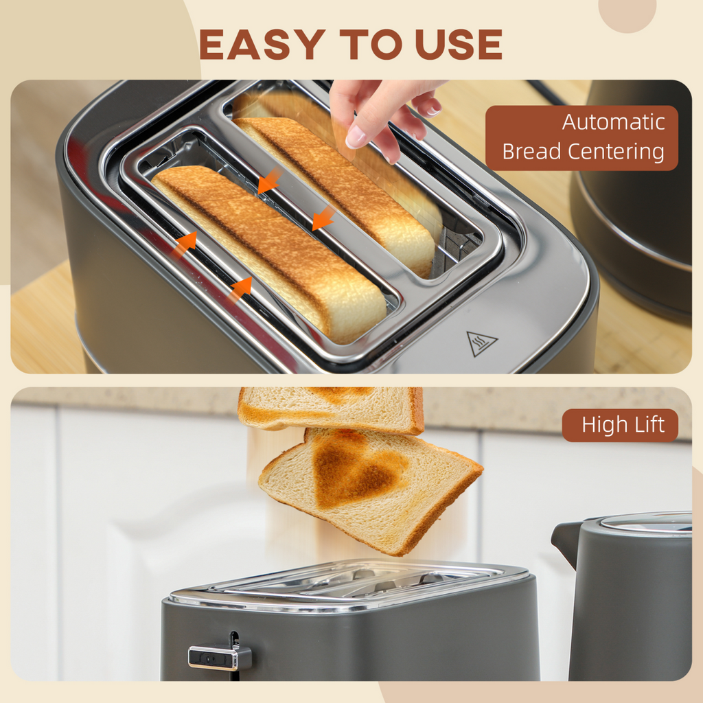 HOMCOM 1.7L 3000W Fast Boil Electric Kettle and 2 Slice Toaster Set, Grey