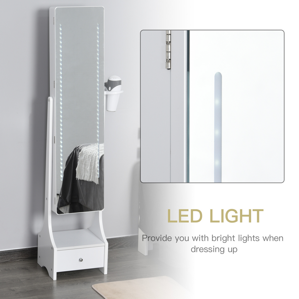 Freestanding Jewellery Storage Mirror Armoire  LED Lights Hooks Drawer