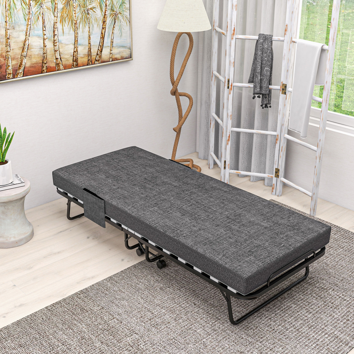 HOMCOM Folding Bed with Mattress Foldable Guest Bed on Wheels with Cover Dark Grey