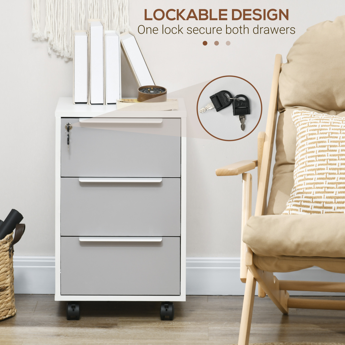 3-Drawer Locking File Cabinet Mobile Chest of Drawers Side Table Wheels