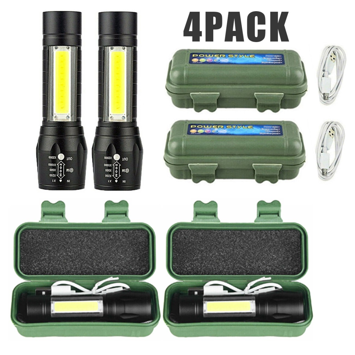 4 Pack Mini Zoomable LED Flashlight USB RechargeableCamping Hiking Flashlight Work light