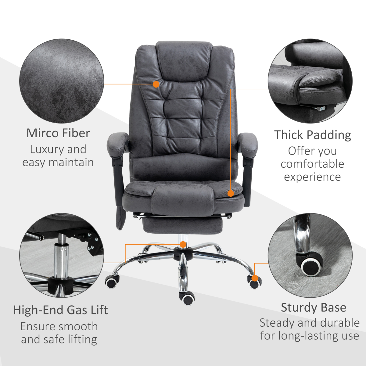 Vintage High Back Heated Massage Office Chair with 6 Vibration Points, Dark Grey