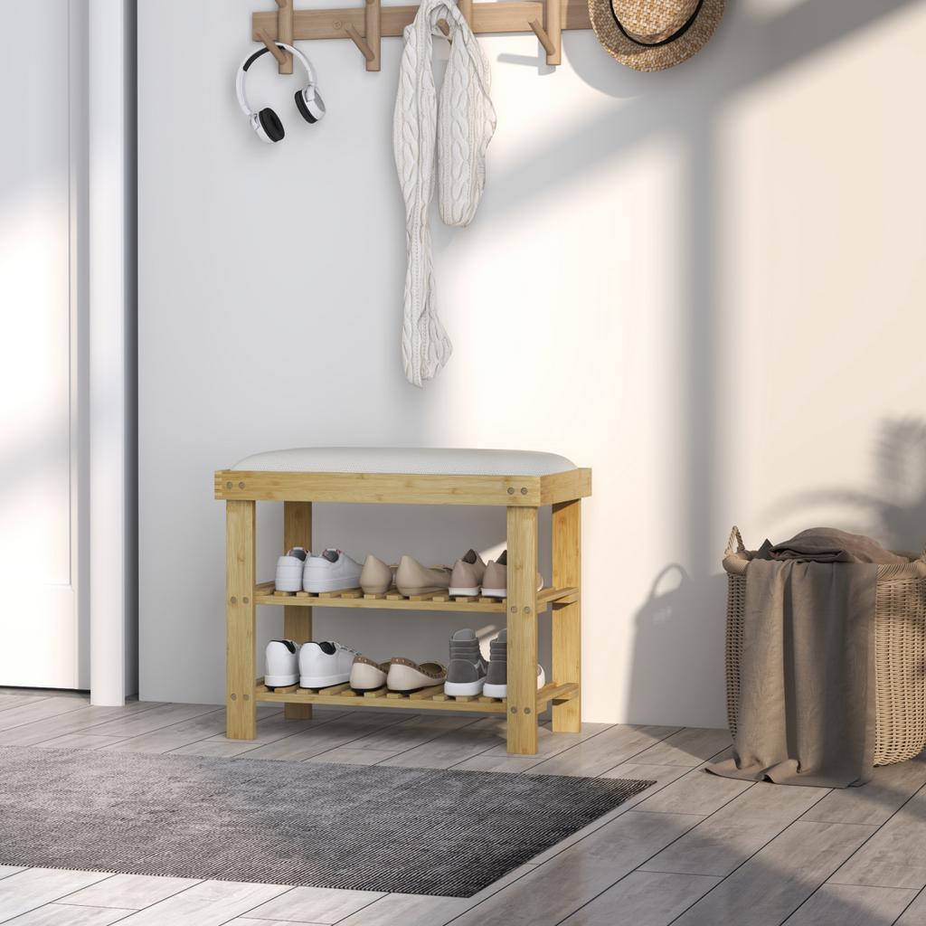 HOMCOM 3-Tier Shoe Storage Bench, Bamboo Shoe Rack for Entryway, Cream