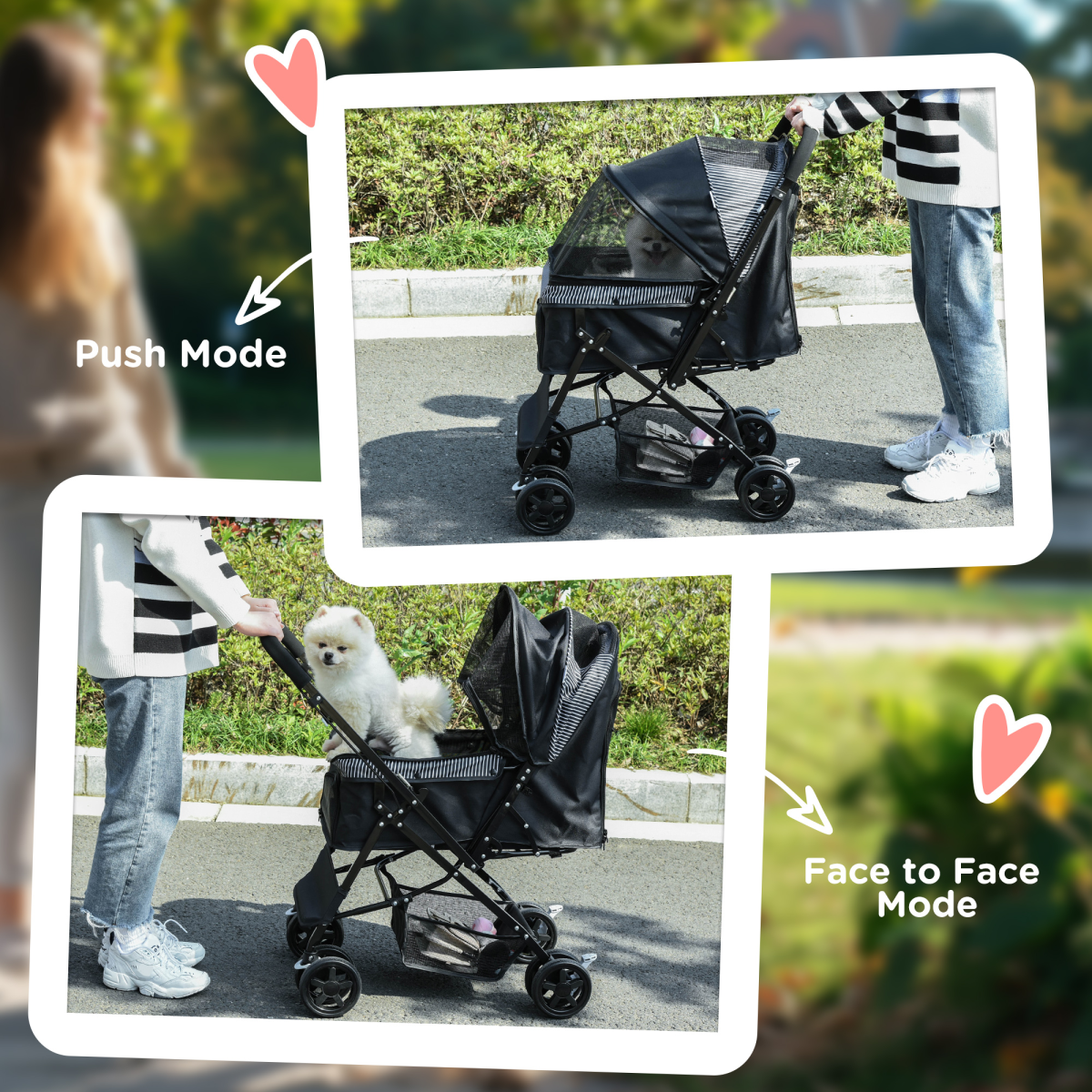 Pet Stroller Dog Foldable Travel Carriage with Reversible Handle, Black