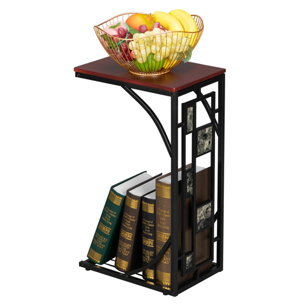 C-Shaped End Table with Gravel Pattern, Brown Top & Black Powder-Coated Base