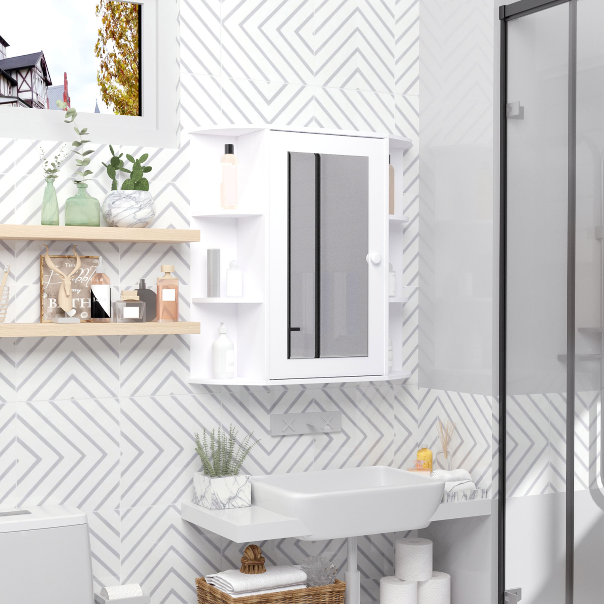 Wall Mounted Bathroom Cabinet w/ Mirror Single Door Storage Shelves HOMCOM