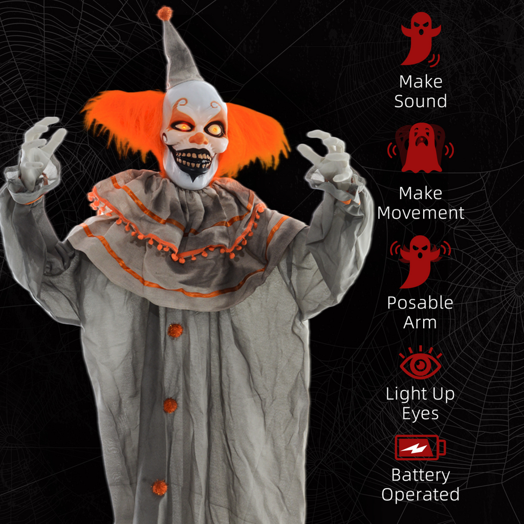 HOMCOM Halloween Clown Animatronic Prop with Light Up Eyes, for Indoor Outdoor