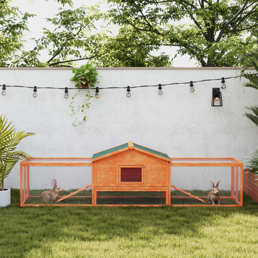 PawHut Wooden Rabbit Hutch Guinea Pig Hutch, Orange, 309 x 70 x 87cm
