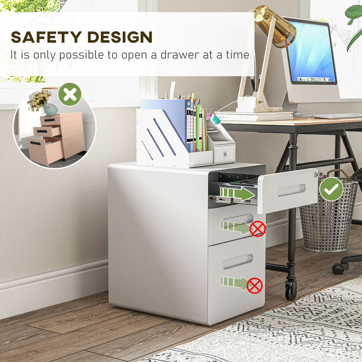 3 Draw Modern Steel Filing Cabinet w/ 4 Wheels Lock Pencil Box White Vinsetto
