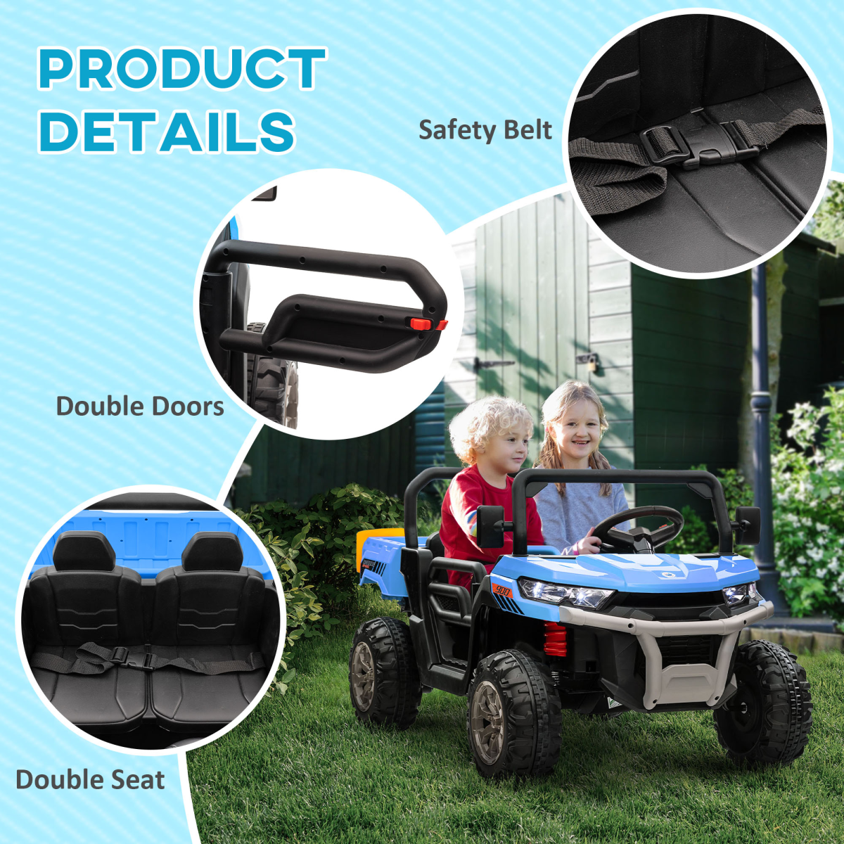 HOMCOM 12V Two-Seater Kids Electric Ride-On Car with Electric Bucket - Blue