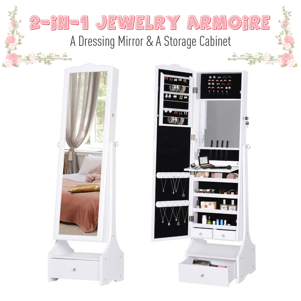 Mirrored Jewelry Cabinet Armoire Floor Standing  Lock, LED Light White