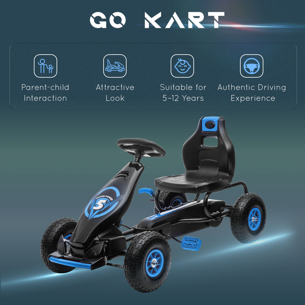 HOMCOM Children Pedal Go Kart w/ Adjustable Seat, Rubber Wheels, Brake, Blue