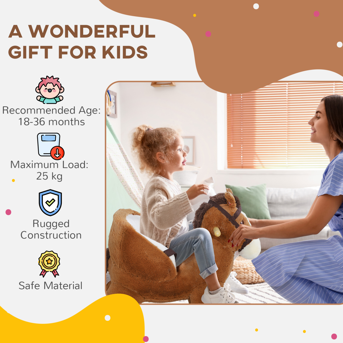 AIYAPLAY Kids Rocking Horse with Sound, Safety Belt - Brown