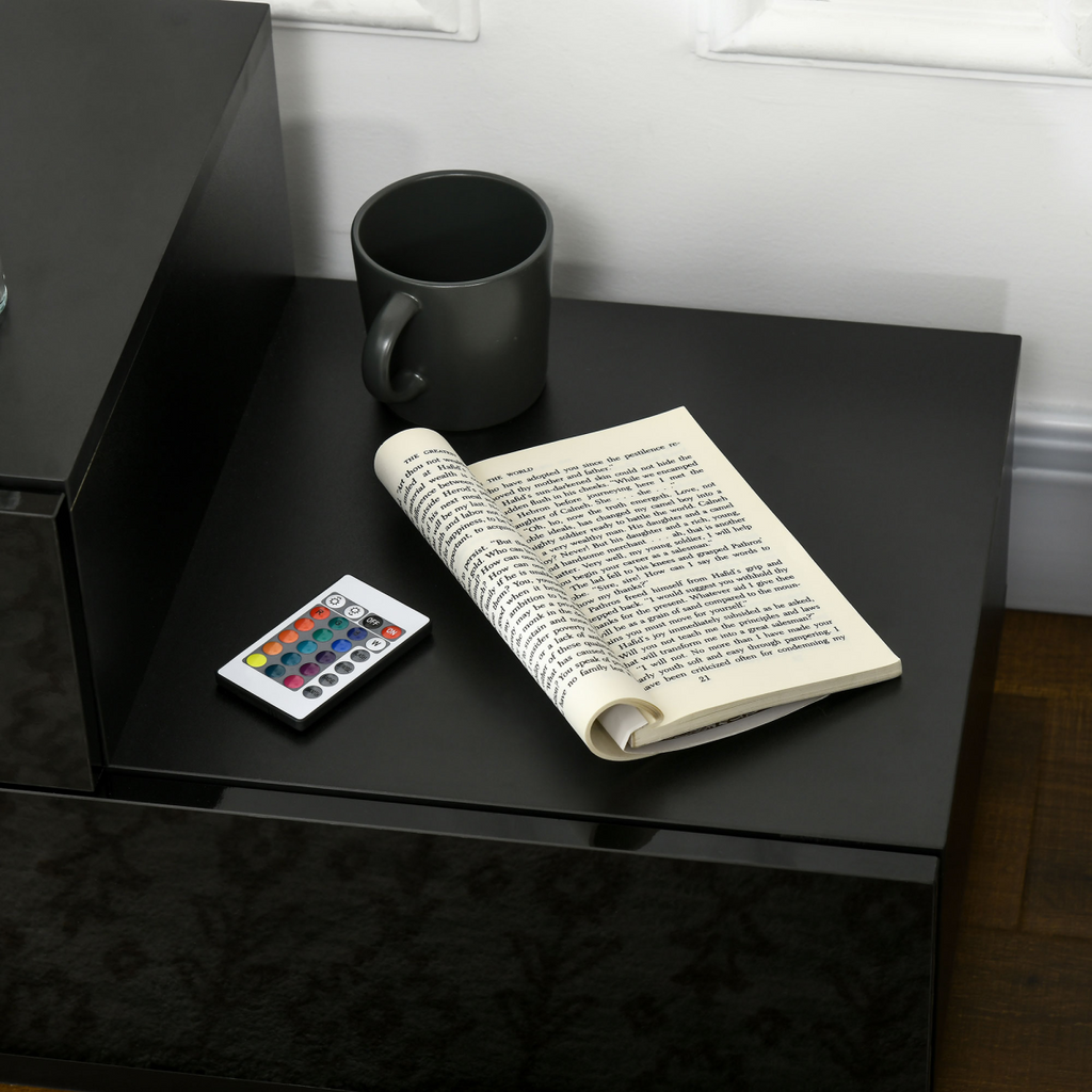 HOMCOM High Gloss Front Bedside Table Nightstand with LED Light Remote Black