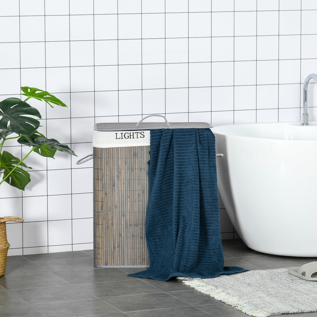 100L Bamboo Laundry Basket with Flip Lid Foldable, Grey Lining