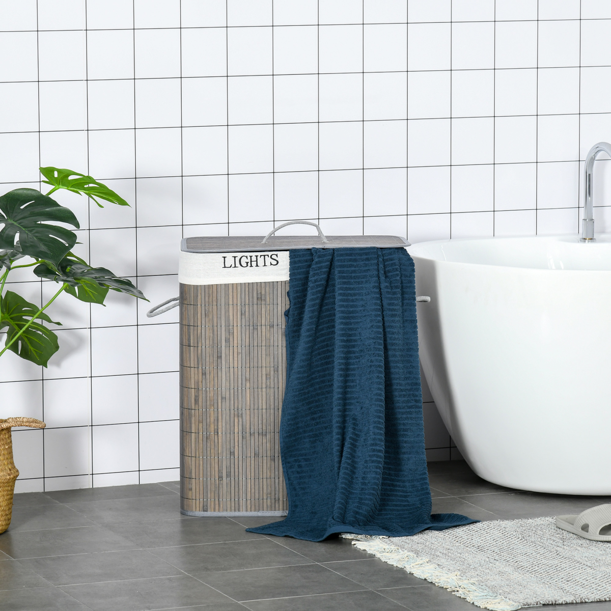 100L Bamboo Laundry Basket with Flip Lid Foldable, Grey Lining