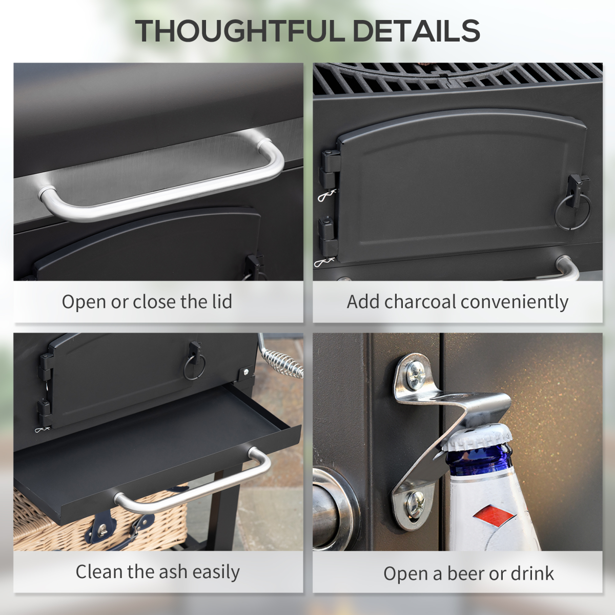 Outsunny Charcoal Grill BBQ Trolley w/ Adjustable Charcoal Height & Thermometer