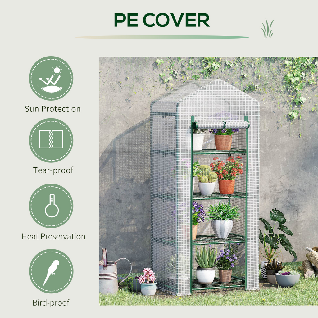 4-Tier Mini Greenhouse with Green & White PE Cover – 160cm