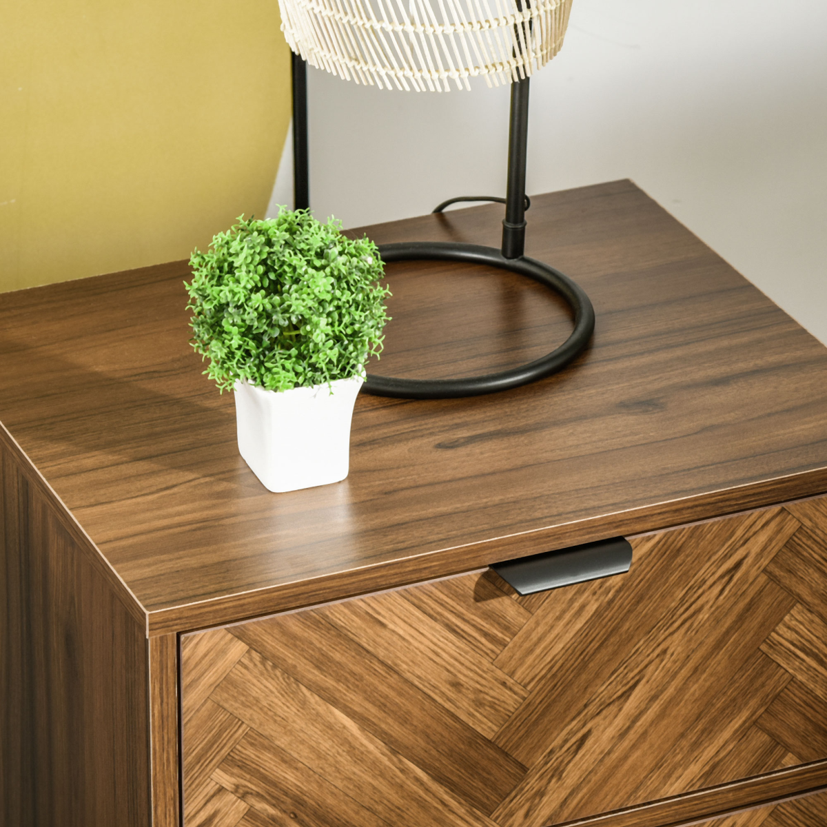 Side Cabinetwith 2 Storage Drawer Unit Herringbone Pattern, Walnut Brown