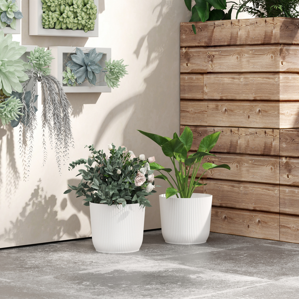Outsunny Set of 2 Round Plant Pots Outdoor 22cm for Garden, White