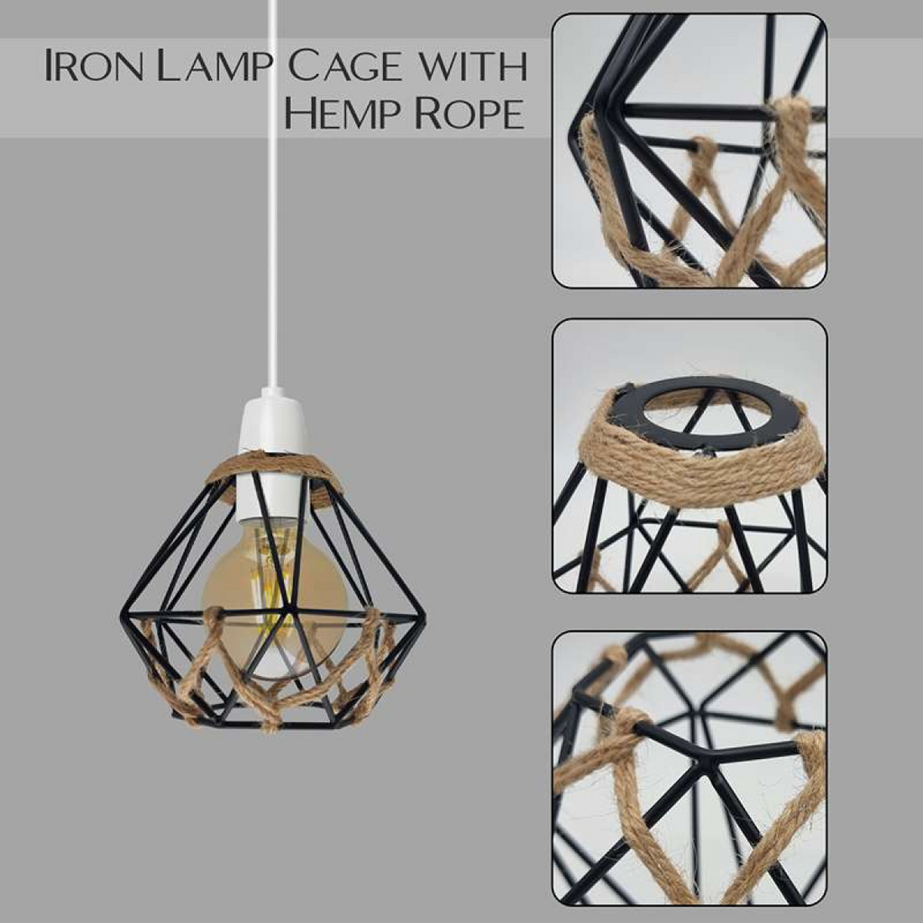 Vintage Black Farmhouse Diamond Hemp Rope Ball Lampshade with Reducer Ring~4586