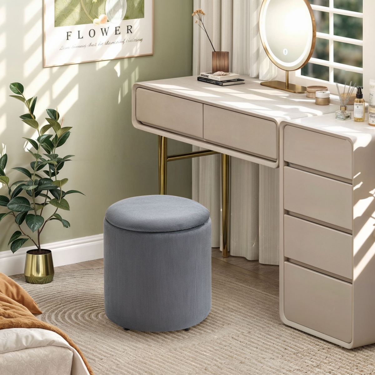 HOMCOM Fabric Storage Ottoman with Removable Lid, Set of 2, Light Grey