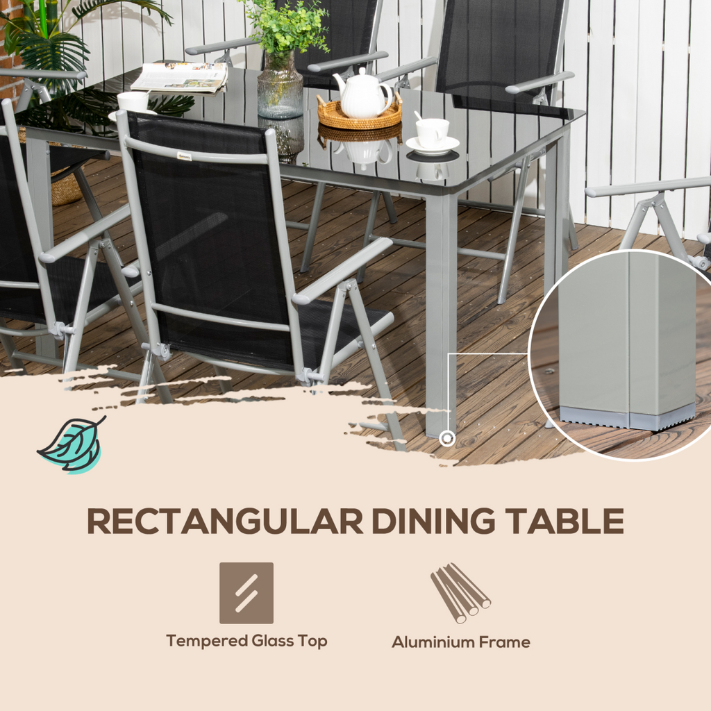 7pc Outdoor Dining Table and 6 Folding Chairs, Aluminium Patio Dining Set Black