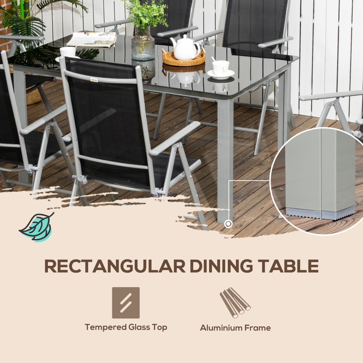 7pc Outdoor Dining Table and 6 Folding Chairs, Aluminium Patio Dining Set Black
