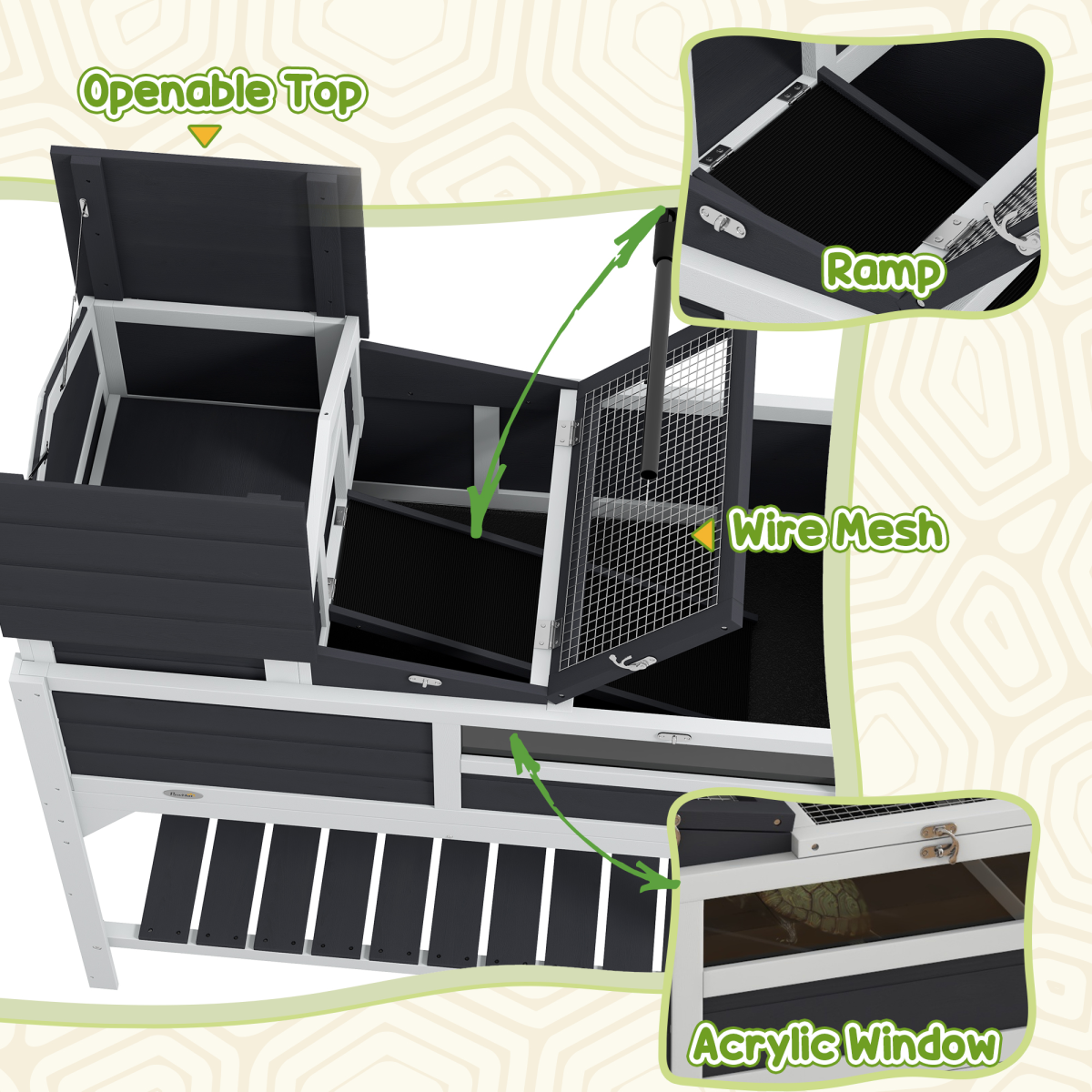 PawHut Tortoise House w/ Adjustable Lamp Holder, Openable Lid, Storage Shelf