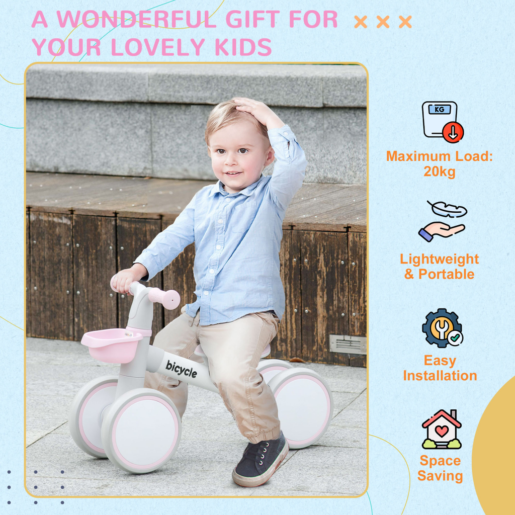 AIYAPLAY Kids Balance Bike for 1-3 Years Old with Adjustable Seat, Pink