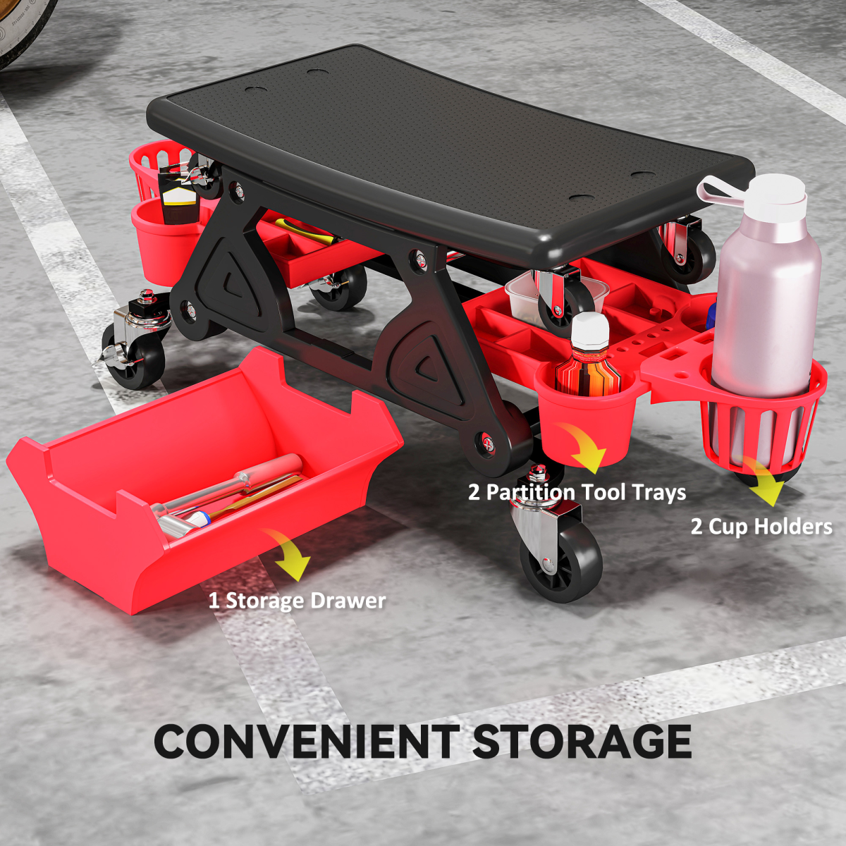 HOMCOM Rolling Mechanic Stool, 135kg Capacity Workshop Stool, Red