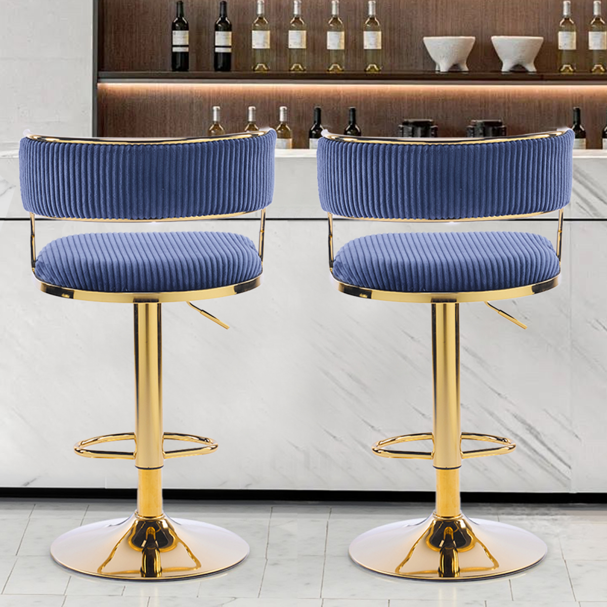 2pcs Blue Corduroy Swivel Bar Stools with Gold Plated Trumpet Base and Height