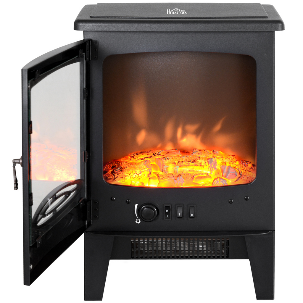 Electric Heater Freestanding Fireplace Artificial Flame Tempered Glass Casing