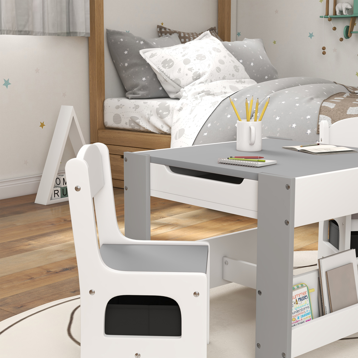 HOMCOM 3PCs Kids Table and Chair Set for Nursery, Playroom, Classroom, Grey