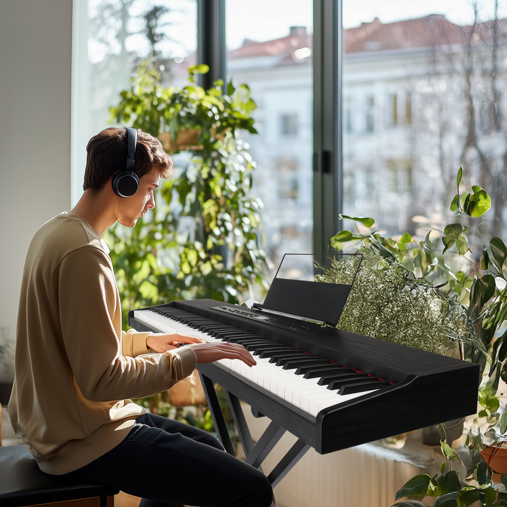 GPPD01-203 88 Key Semi-Weighted Standard Keyboards Digital Piano with Metal Stand, MIDI Bluetooth, Triple Pedals, Headphone and Other accessories for Piano beginner Black color