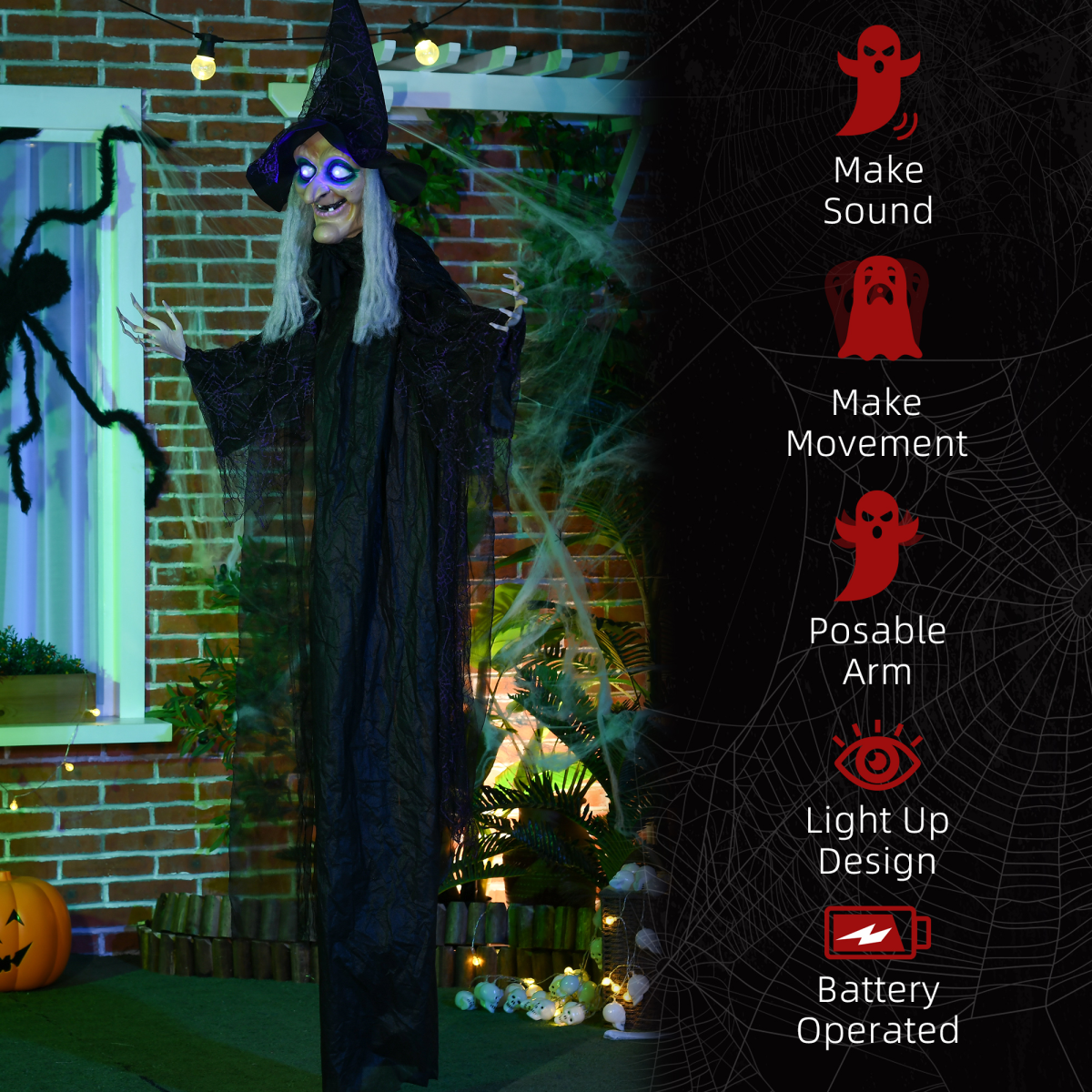 HOMCOM Standing Witch Prop Life Size with Light Up Eyes, Talking Sound