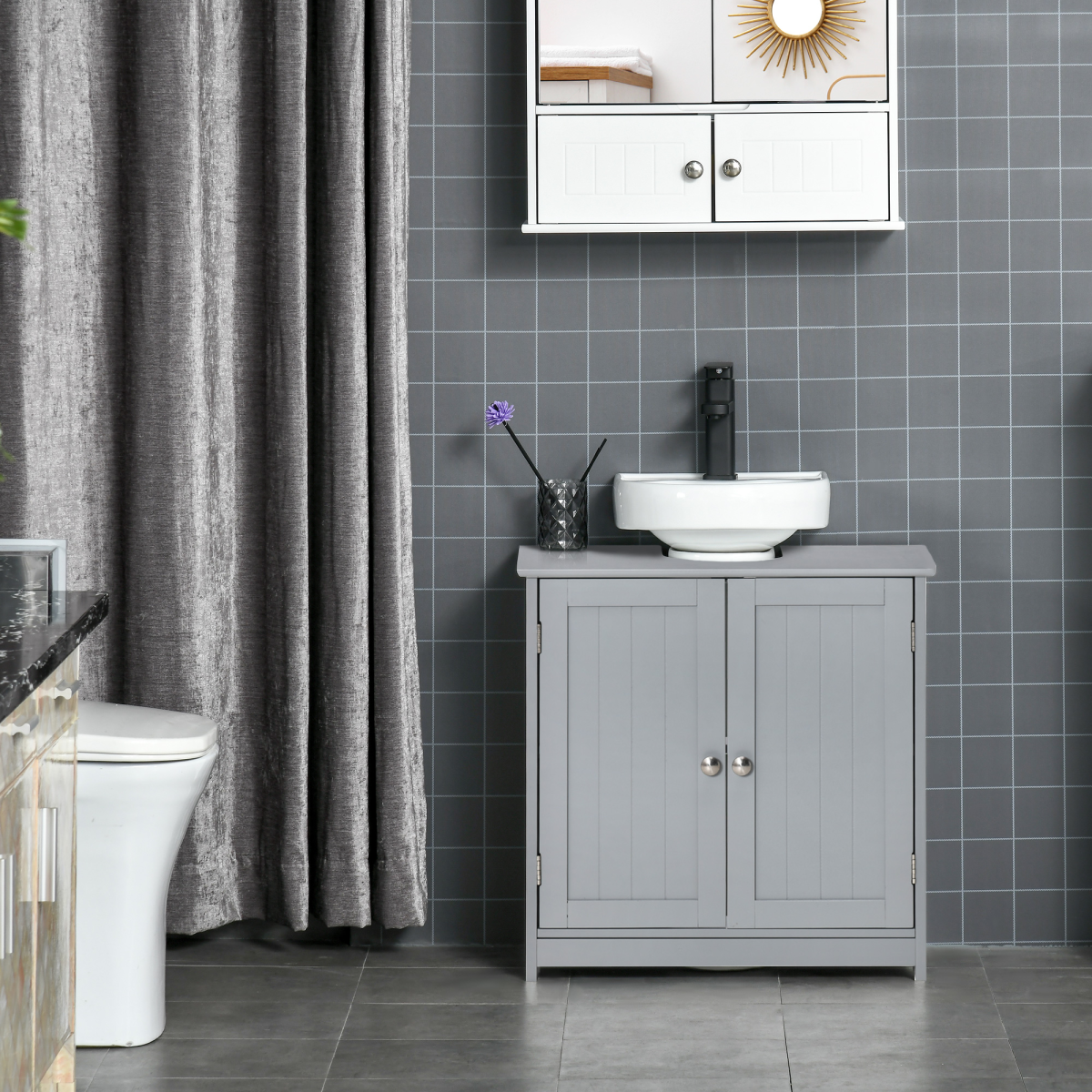 kleankin 60x60cm Under-Sink Storage Cabinet  Adjustable Shelf Drain Hole Grey