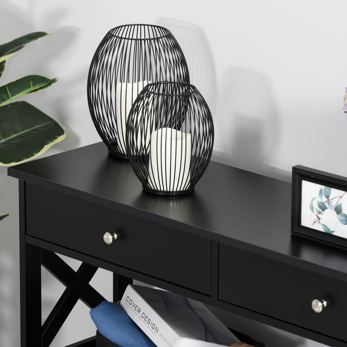 Console Table Side Desk Shelves Drawers Open Top Hallway Black