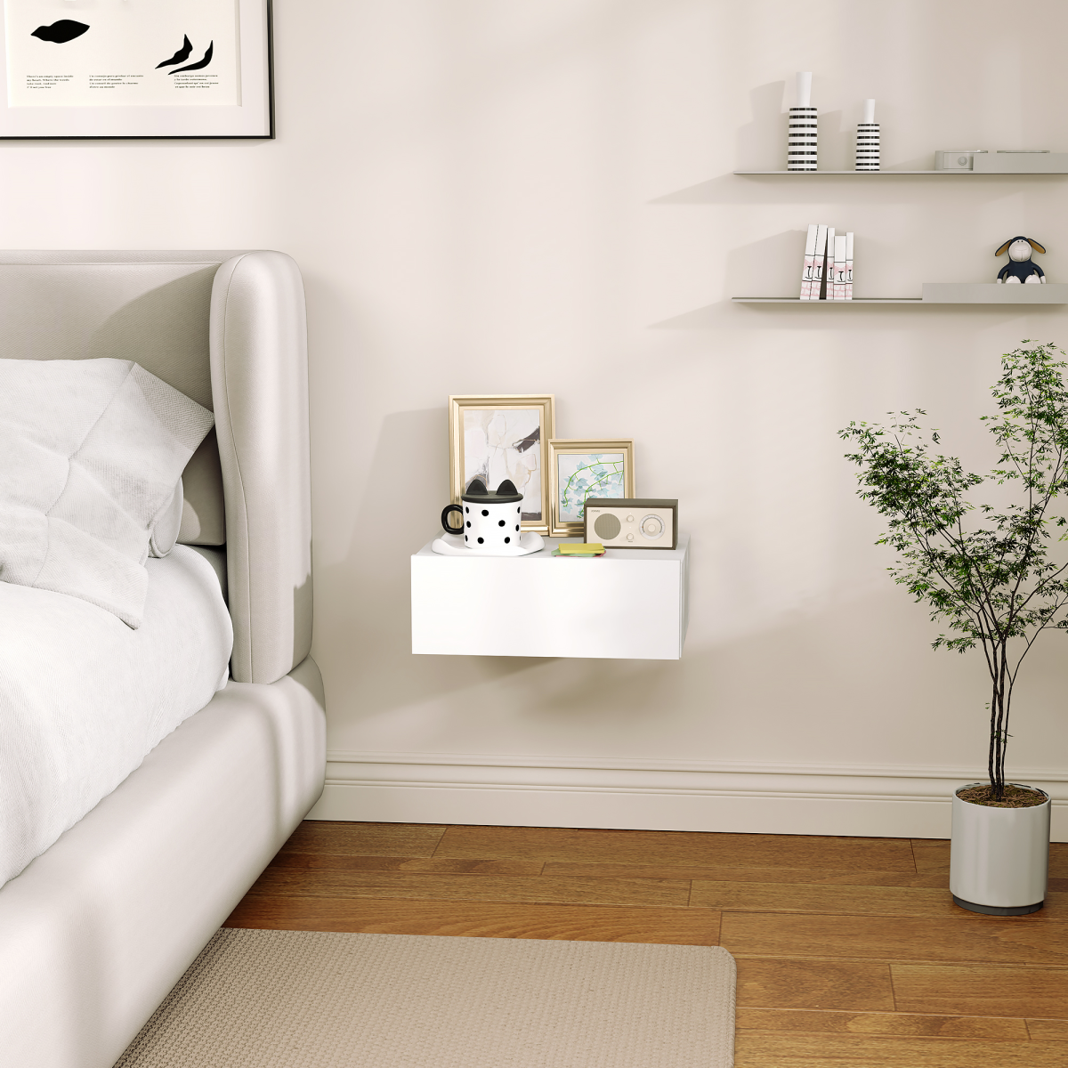 HOMCOM Floating Bedside Table, Wall-Mounted Side Table for Bedroom, White
