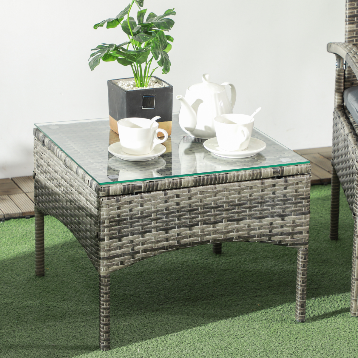 Outsunny 3PC Garden Rattan Bistro Set Balcony Dining Table Chair Mixed Grey