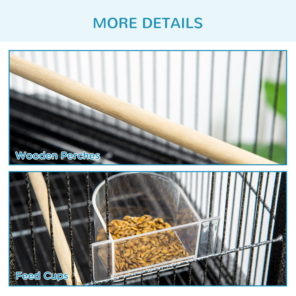 Rolling Bird Cage w/ Detachable Stand, Storage Shelf, Wood Perch, Food Container