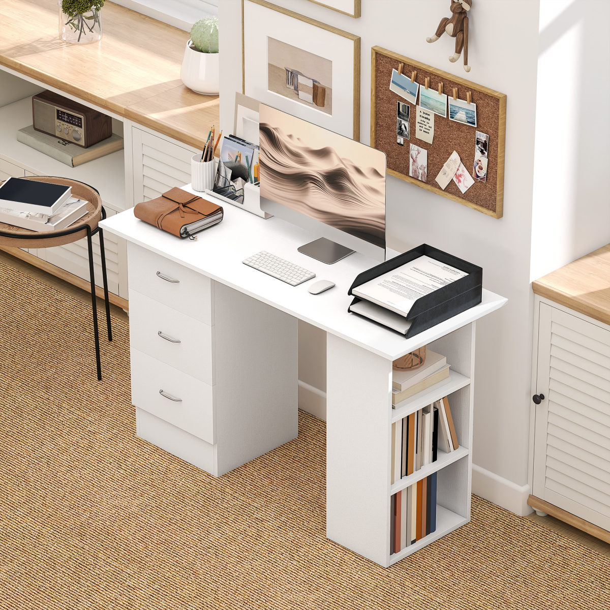 HOMCOM 120cm Computer Desk PC Table Workstation w/ 3 Shelf & Drawers White