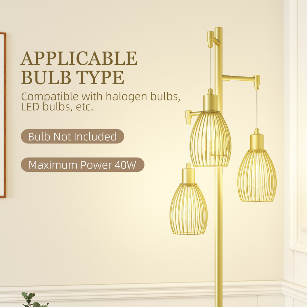 HOMCOM Industrial 3-Light Floor Lamp Dimmable Standing Lamp, Gold
