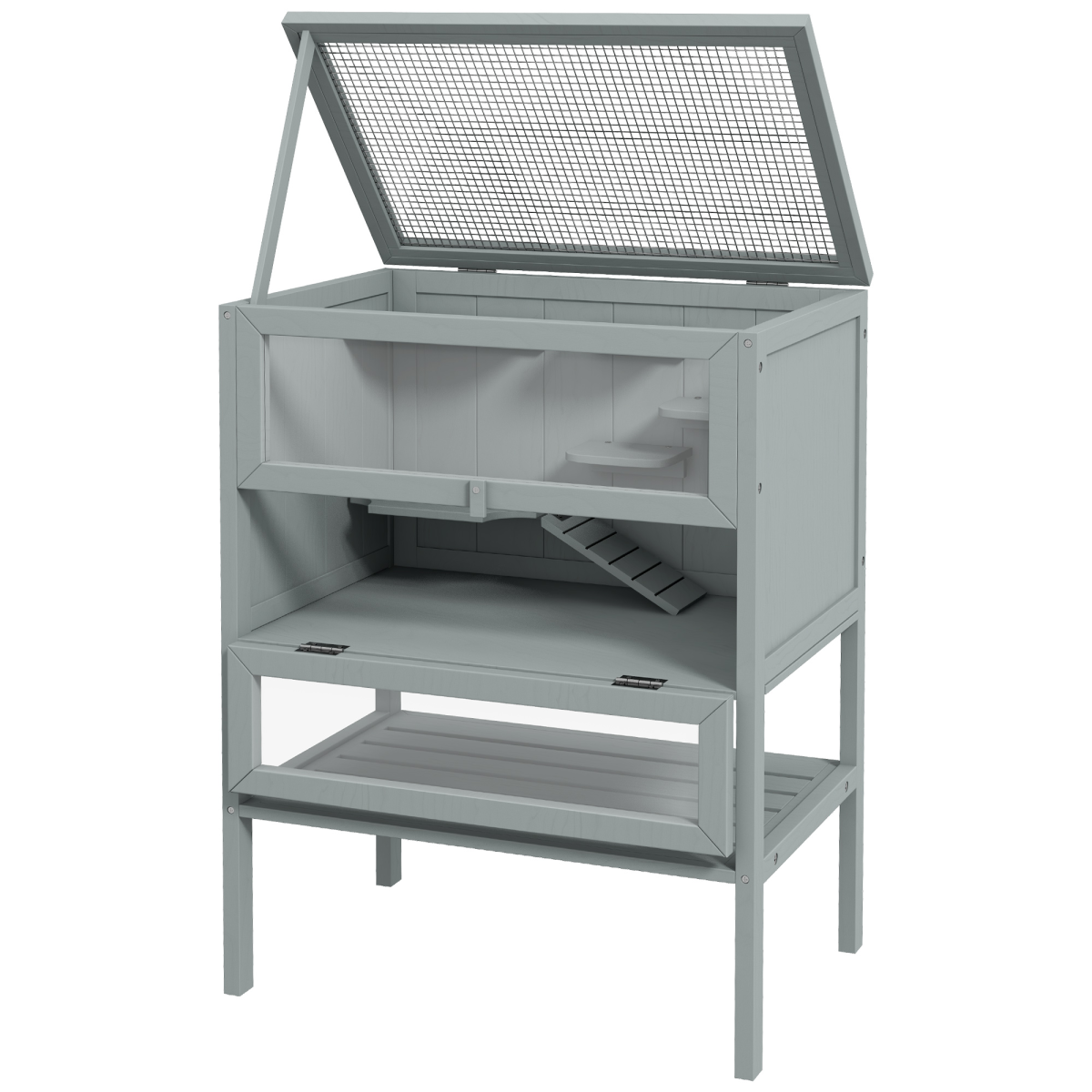 PawHut Wooden Hamster Cage w/ Storage Shelf, Openable Top for Gerbils, Grey