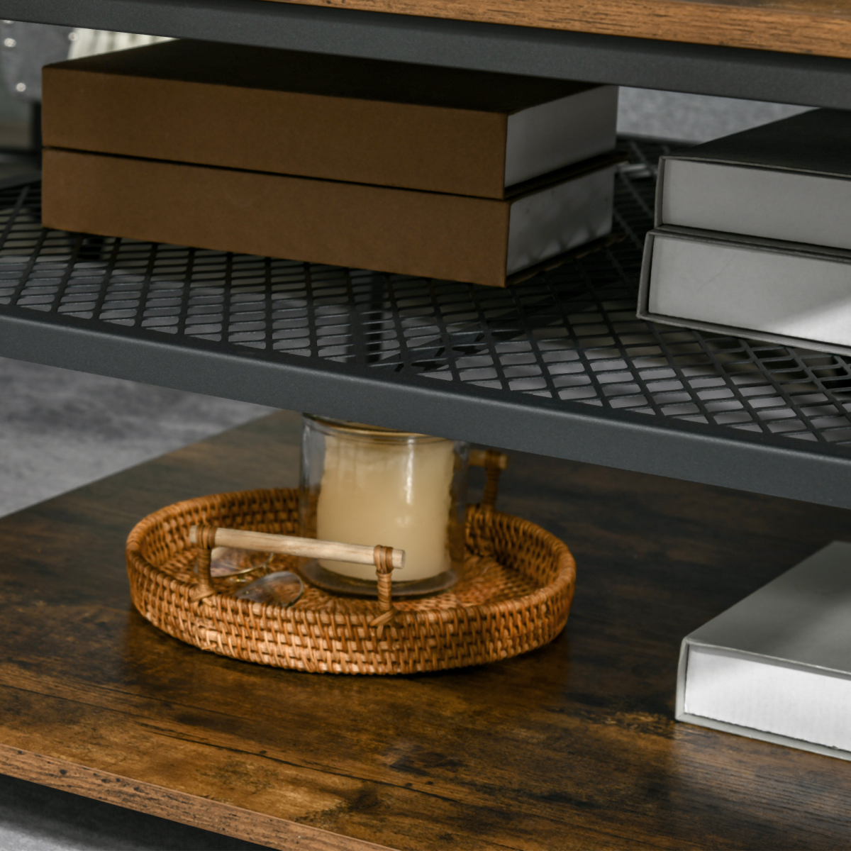 HOMCOM Industrial Coffee Table, Cocktail Table  Storage Shelves, Rustic Brown