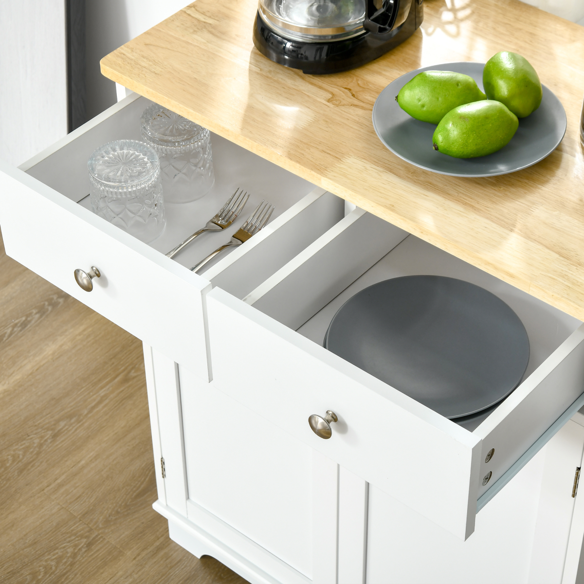 HOMCOM Rubber Wood Top Kitchen Cupboard Side Cabinet Island w/Adjustable Shelf